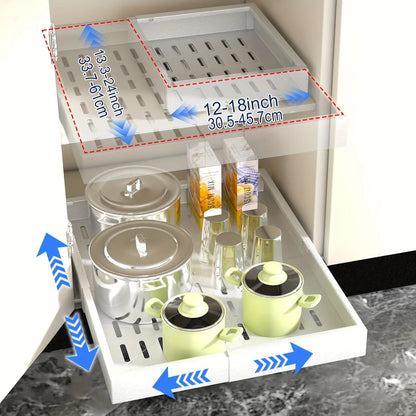 Expandable Pull-Out Drawer / Four-Sided Extendable Adjustment for Expanded Capacity / DIY Installation for Easy Cabinet Storage.