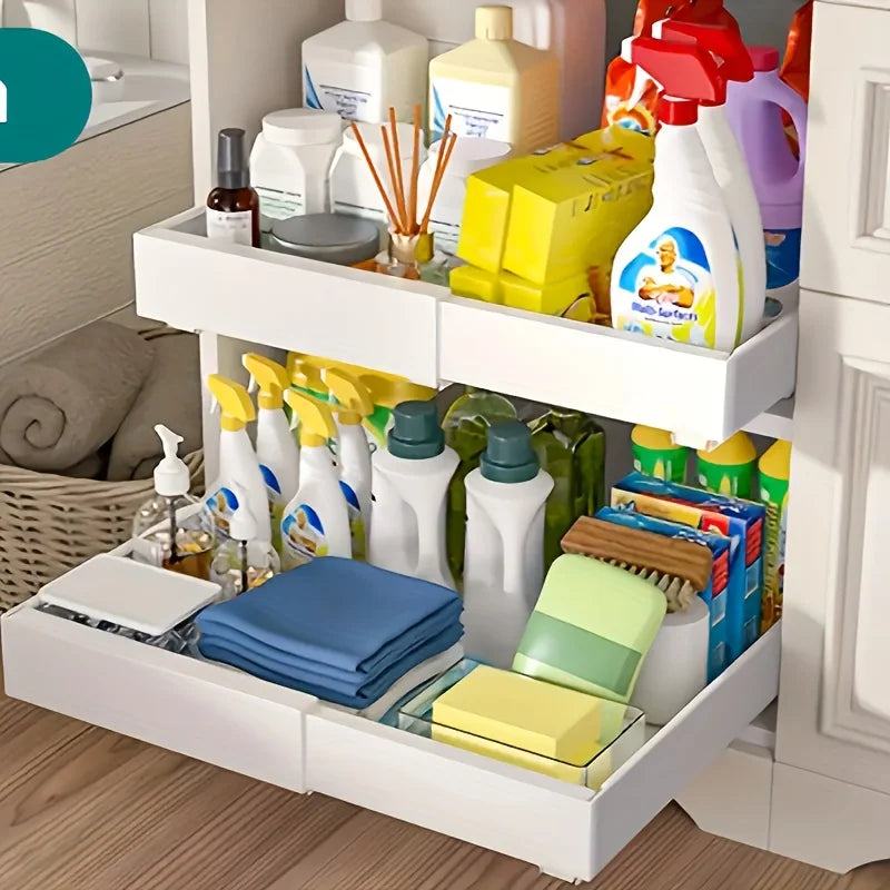 Expandable Pull-Out Drawer / Four-Sided Extendable Adjustment for Expanded Capacity / DIY Installation for Easy Cabinet Storage.