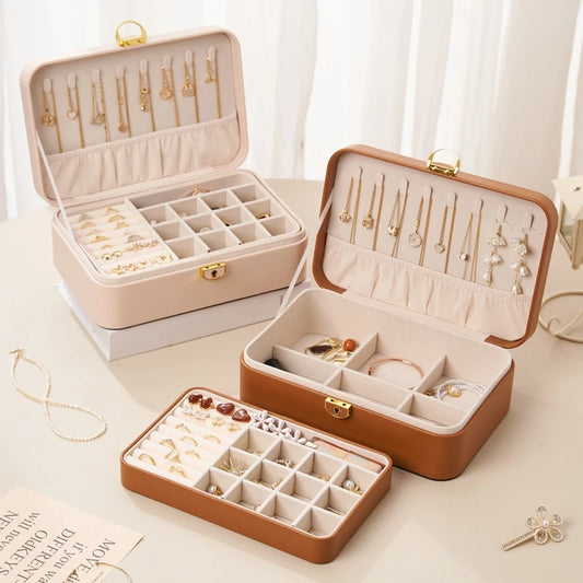 # PU Leather Big Jewelry Box For Women Girls Double Layer Necklace Earrings Rings Bracelets Jewelry Box Organizer With Lock