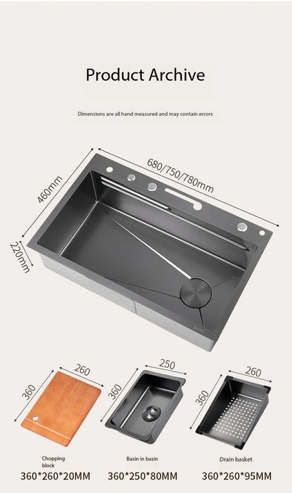 5.0MM Double Waterfall Sink Embossed Stainless Steel Kitchen Sink Large Single Slot Digital Display Wash Basin Dishwashing pond