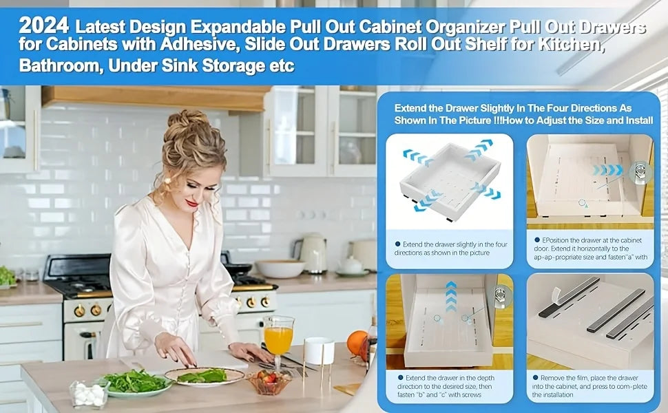 Expandable Pull-Out Drawer / Four-Sided Extendable Adjustment for Expanded Capacity / DIY Installation for Easy Cabinet Storage.