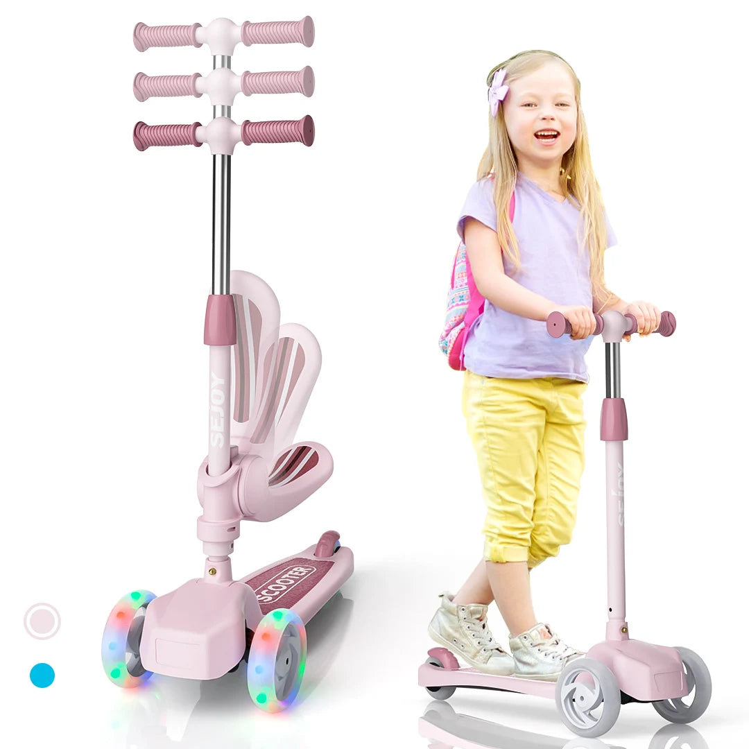 Sejoy Kids Scooter with 3-Wheeled LED Lights,Adjustable Lean-to-Steer Handlebar,Foldable Seat,Sit or Stand Ride,for 3-8 Years
