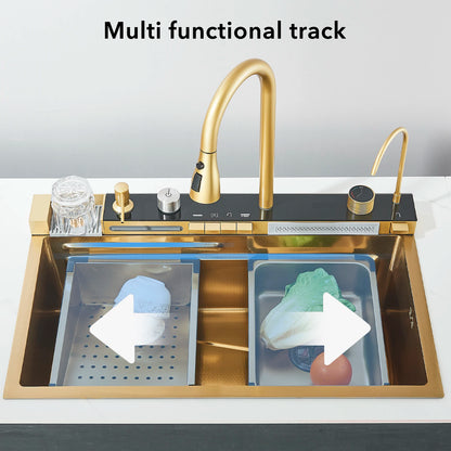 304 Stainless Steel Waterfall Kitchen Sink Large Single Slot Integrated Digital Display Faucet Set Soap Dispenser Cup Washer