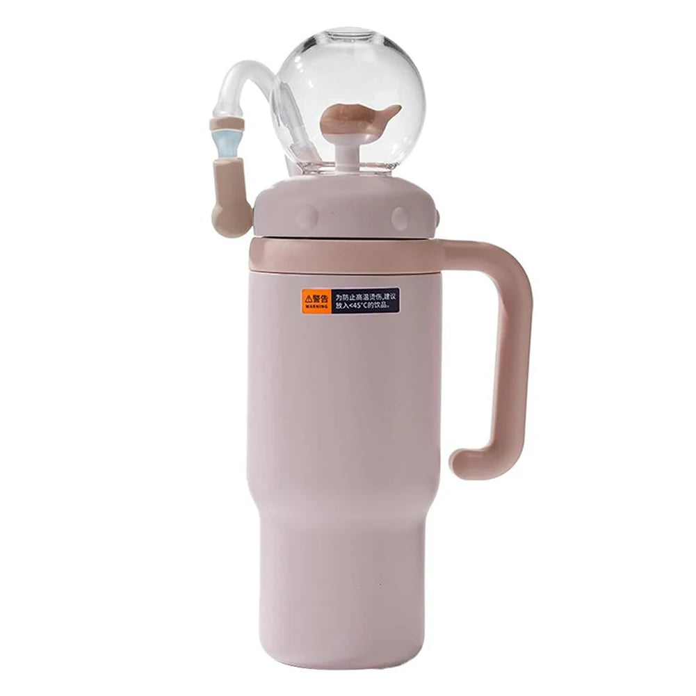 710ML Stainless Steel Whale Fountain Tumbler with Handle Leak Proof Whale Squirt Drinking Cup Water Bottle with Straw Cute Gift