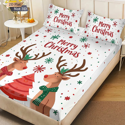 3pcs Christmas reindeer print coreless bed sheet set, multi size soft bed cover, bedroom bedding decoration, machine washable