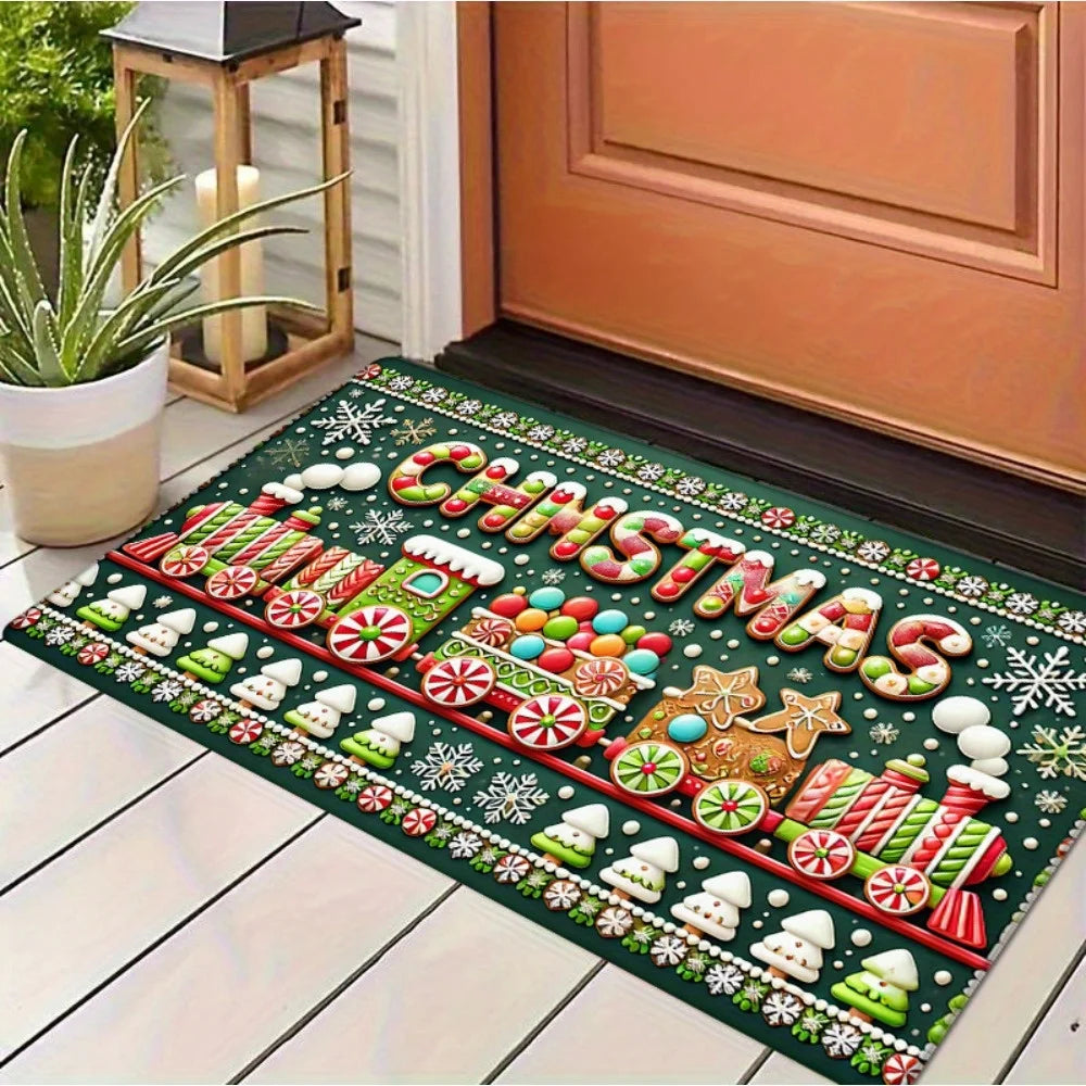 1pc Festive Christmas Door Mat - Non-Slip, Washable Polyester Mat with Candy Canes, Snowflakes, and "Merry Christmas" Design
