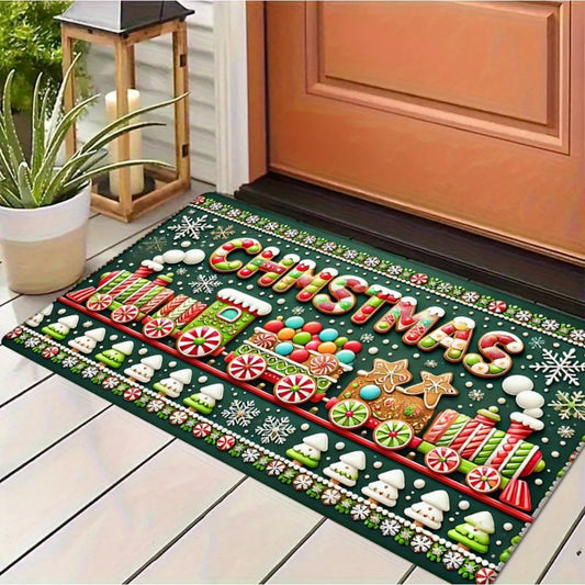 1pc Festive Christmas Door Mat - Non-Slip, Washable Polyester Mat with Candy Canes, Snowflakes, and "Merry Christmas" Design