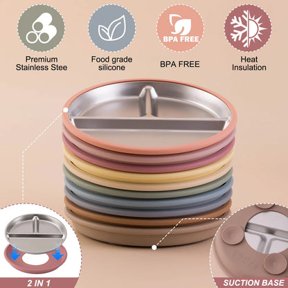 Color Kids 1PCS Stainless Steel Plate Detachable Suction Dishes Baby Feeding Sucker Bowl Food Grade Silicone Food Tray Tableware