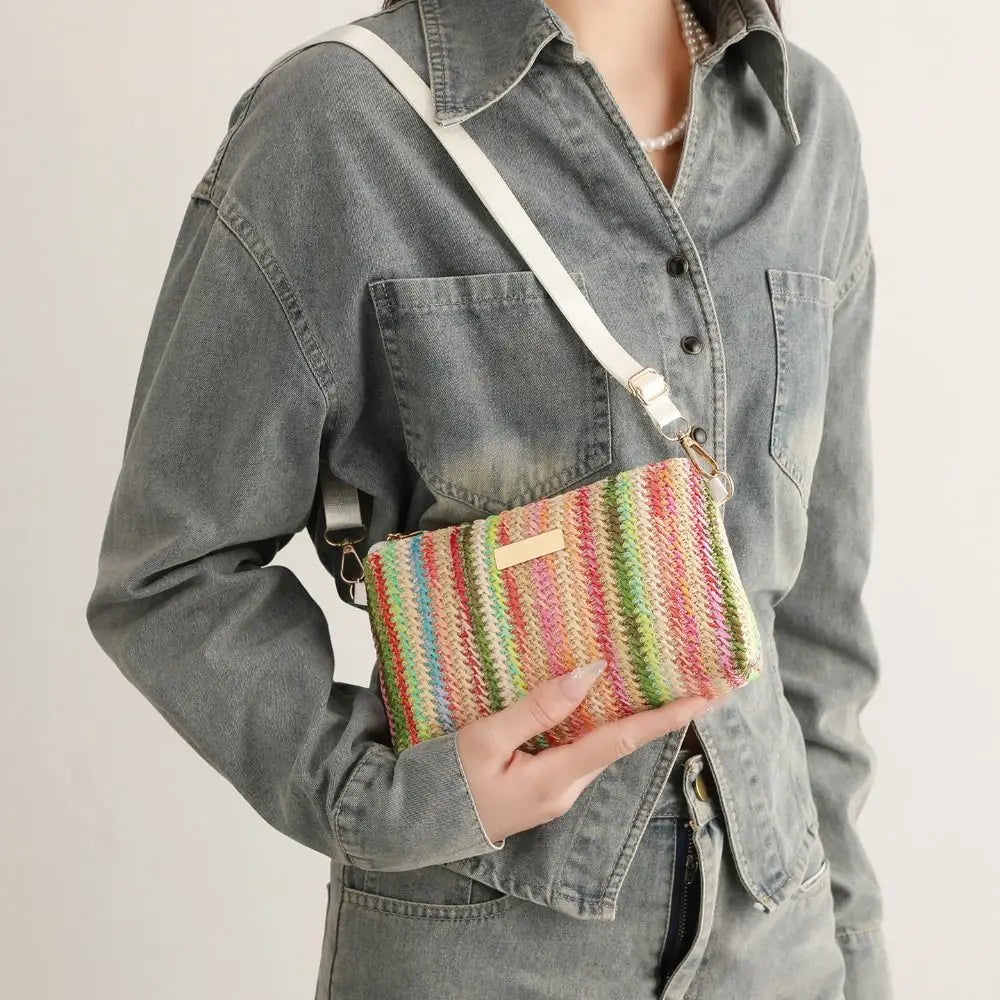 Trendy Colorful Rainbow Woven Bag Adjustable Strap Travel Organizer Girls Shoulder Bag Portable Crossbody Bag Casual Outing