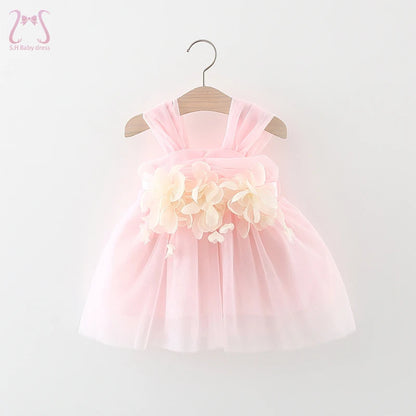 Sweet Flower Fairy Baby Girl Party Dresses Summer Solid Color Mesh Princess Evening Dress Kids Costume 0 to 3 Years Old Children