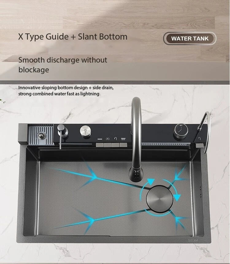 5.0MM Double Waterfall Sink Embossed Stainless Steel Kitchen Sink Large Single Slot Digital Display Wash Basin Dishwashing pond