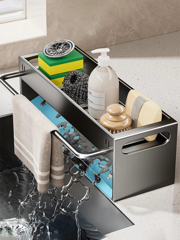Extra Large Carbon Steel Sink Caddy Kitchen Sponge Holder with Soap Dish Countertop Organizer Rack for Kitchen Sink Accessories