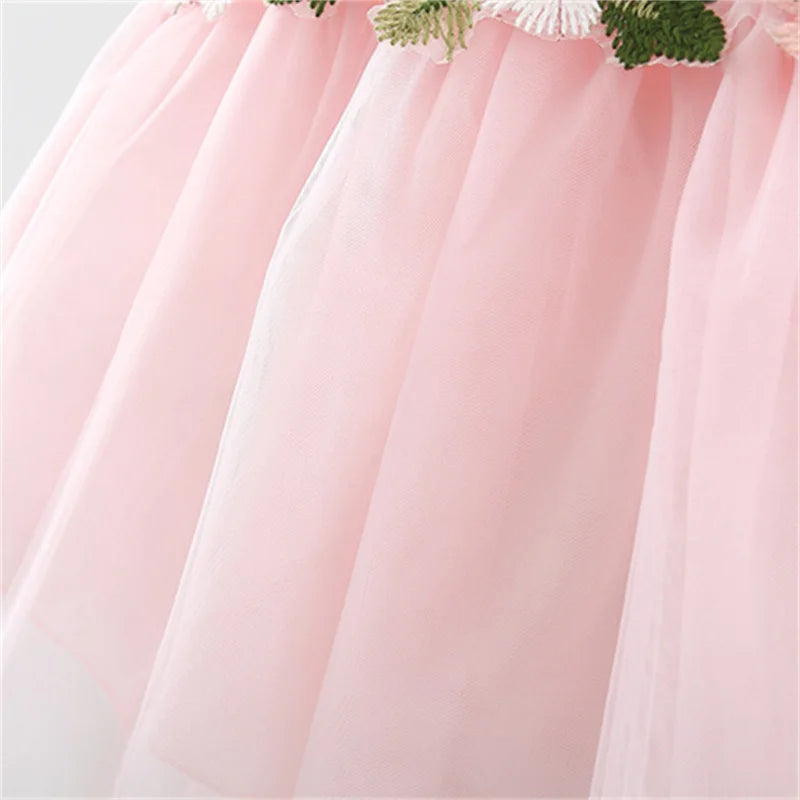 Sweet Flower Fairy Baby Girl Party Dresses Summer Solid Color Mesh Princess Evening Dress Kids Costume 0 to 3 Years Old Children