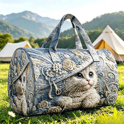 Vintage Cat Printed Quilted Luggage Bag