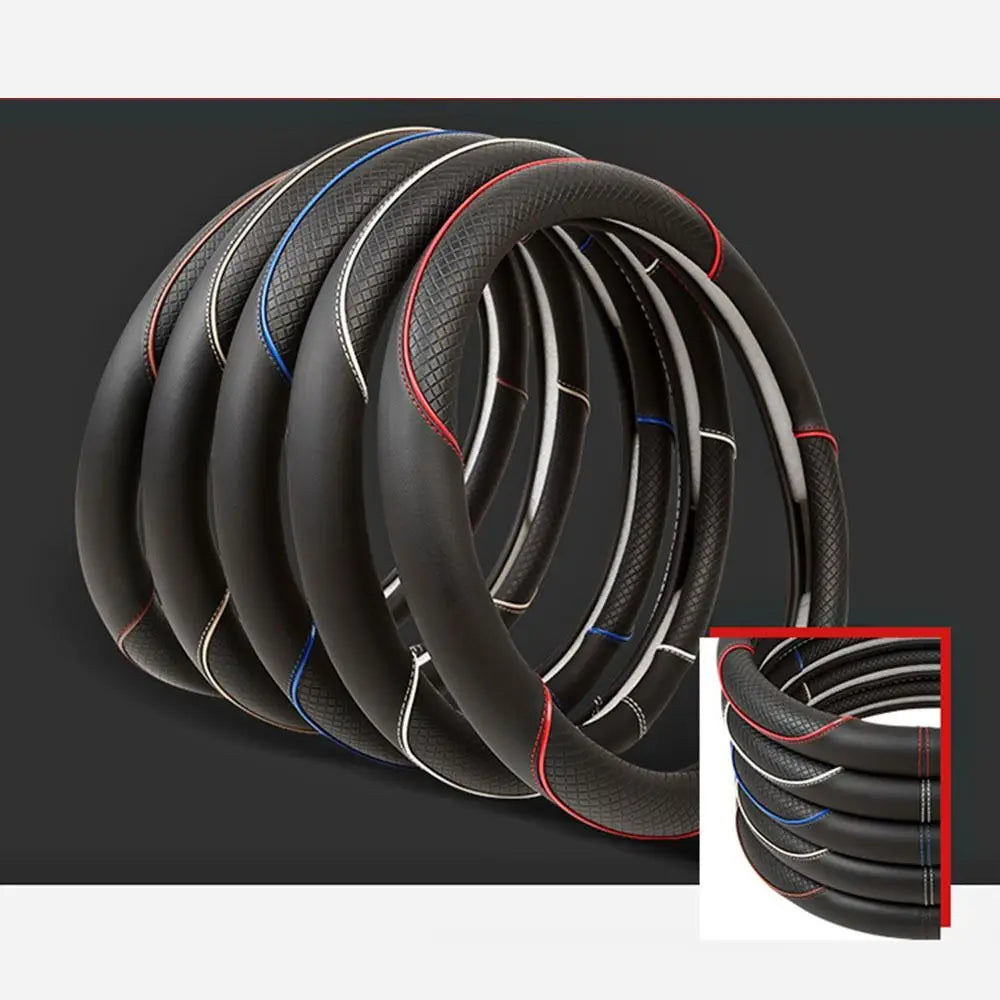 Anti Slip Steering Wheel Cover Leather Breathable Steer Wheel Protector Red Blue Strip Trim Steering Cover for Fits 37.5-38cm