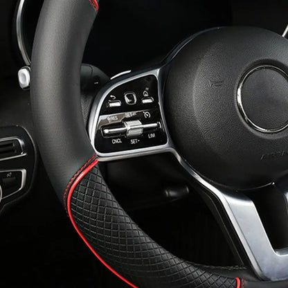 Anti Slip Steering Wheel Cover Leather Breathable Steer Wheel Protector Red Blue Strip Trim Steering Cover for Fits 37.5-38cm