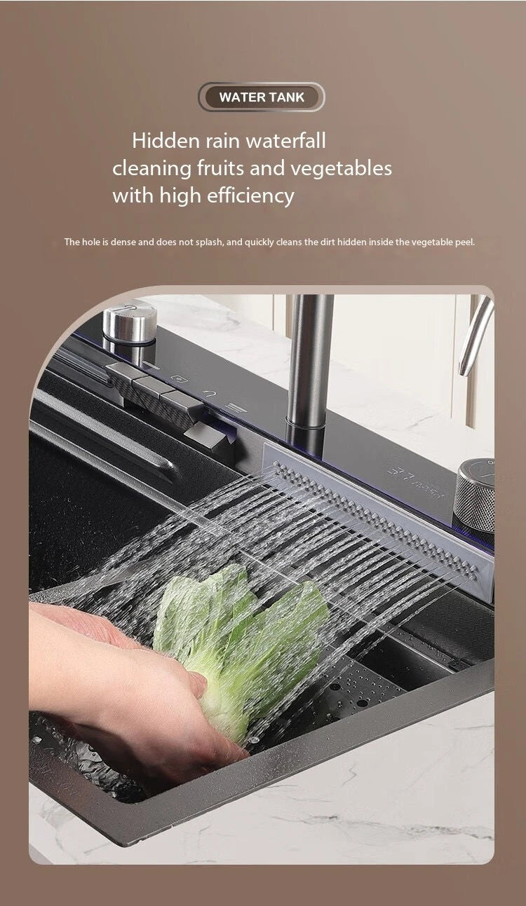 5.0MM Double Waterfall Sink Embossed Stainless Steel Kitchen Sink Large Single Slot Digital Display Wash Basin Dishwashing pond