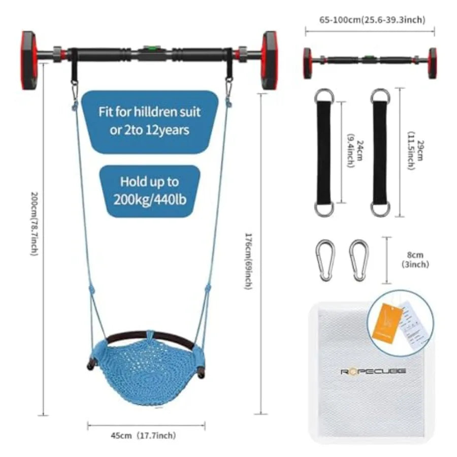 Hand-Knitting Toddler Swing + Pull Up Bar for Doorway Adjustable Width Workout Bars Swing Seat for with Adjustable Ropes for He