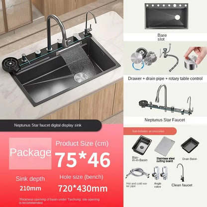 5.0MM Double Waterfall Sink Embossed Stainless Steel Kitchen Sink Large Single Slot Digital Display Wash Basin Dishwashing pond
