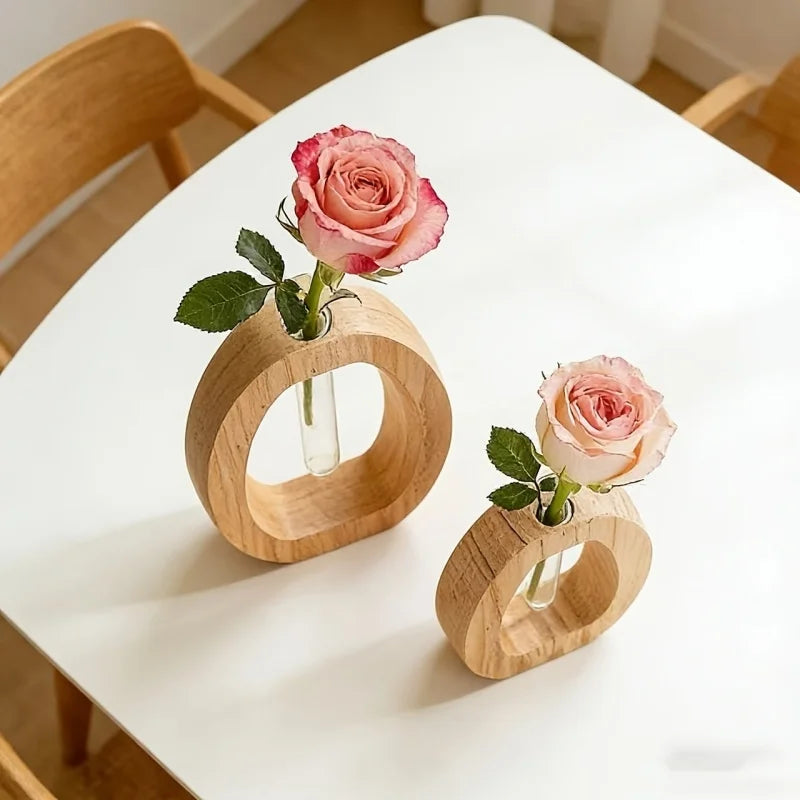Wooden Hydroponic Plant Vases With Reative Glass Tube