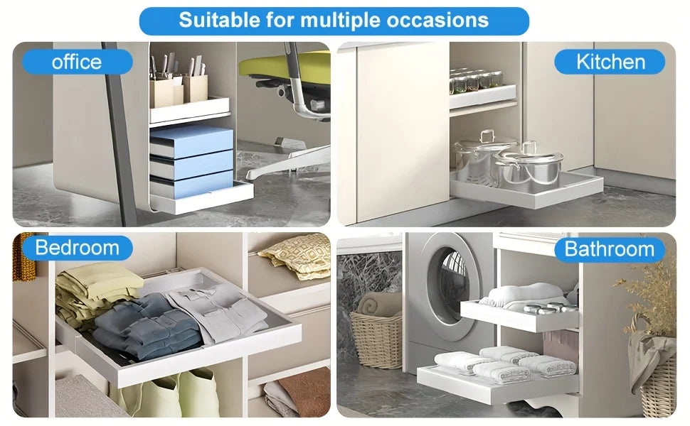 Expandable Pull-Out Drawer / Four-Sided Extendable Adjustment for Expanded Capacity / DIY Installation for Easy Cabinet Storage.