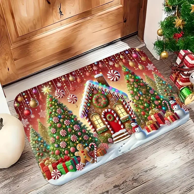 VIKAMA Christmas Doormat, Characteristic Gingerbread House And Tree Design, Made Of Flannel Fabric, Machine Washable-Ideal