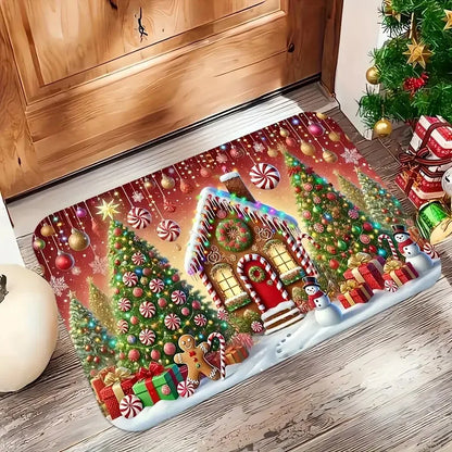 VIKAMA Christmas Doormat, Characteristic Gingerbread House And Tree Design, Made Of Flannel Fabric, Machine Washable-Ideal