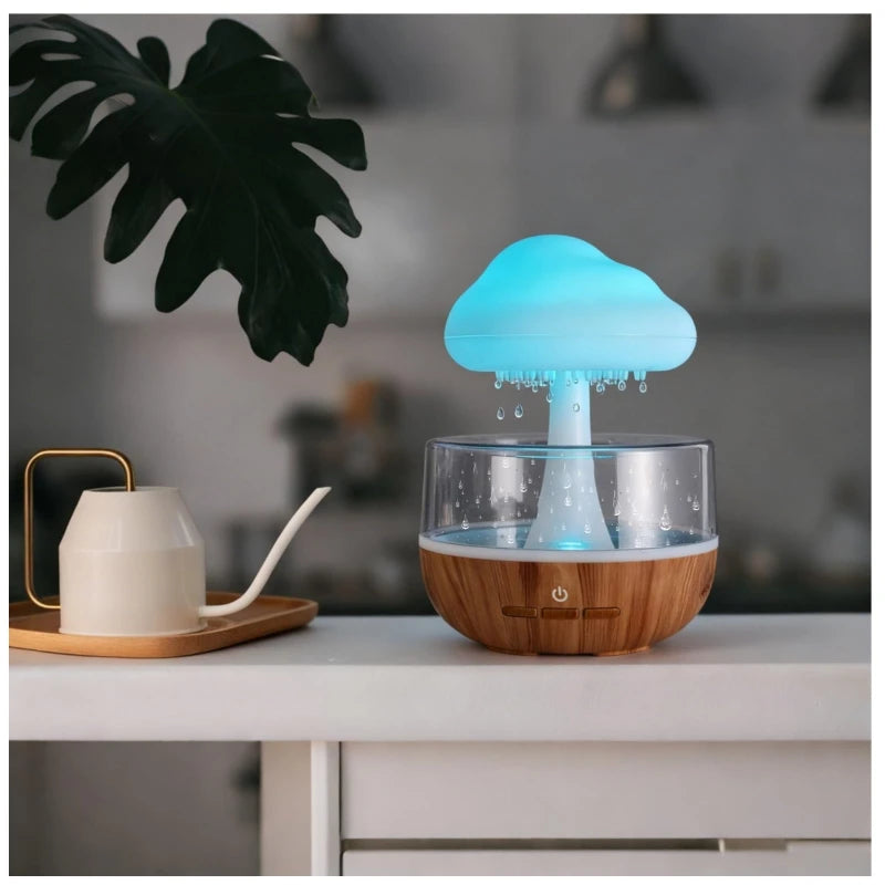 Mushroom Cloud Rain Lamp Changing LED Tabletop Fountain with Water Drip Sounds USB Rechargeable Desk Decor for Home Office