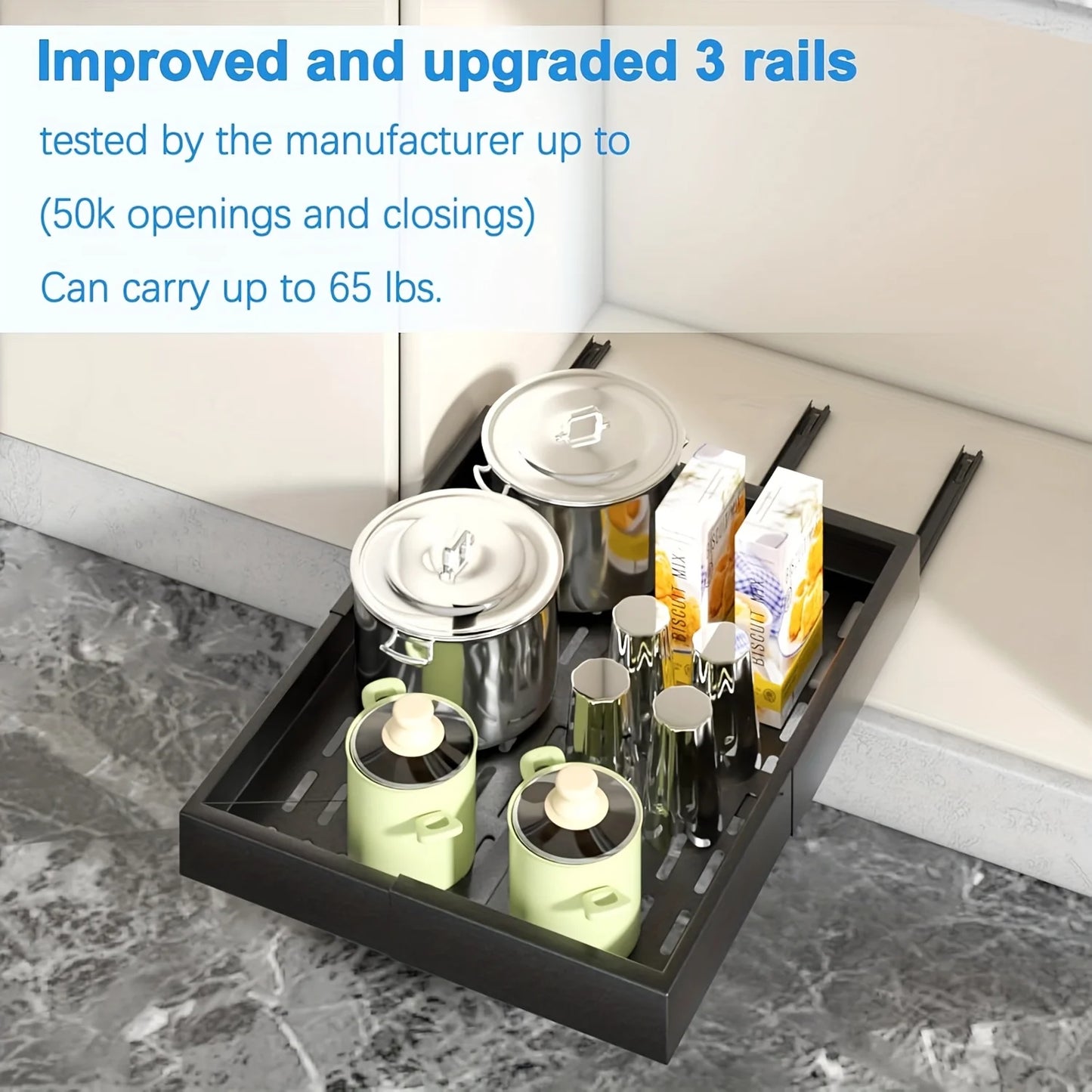 Expandable Pull-Out Drawer / Four-Sided Extendable Adjustment for Expanded Capacity / DIY Installation for Easy Cabinet Storage.