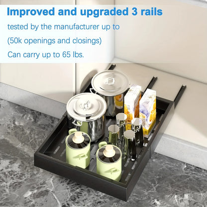 Expandable Pull-Out Drawer / Four-Sided Extendable Adjustment for Expanded Capacity / DIY Installation for Easy Cabinet Storage.