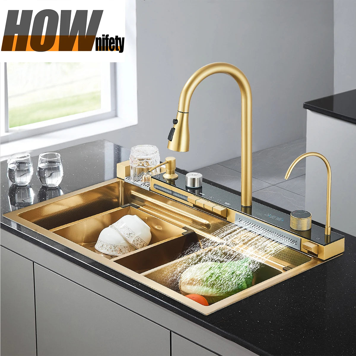 304 Stainless Steel Waterfall Kitchen Sink Large Single Slot Integrated Digital Display Faucet Set Soap Dispenser Cup Washer