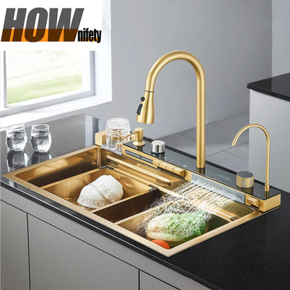 304 Stainless Steel Waterfall Kitchen Sink Large Single Slot Integrated Digital Display Faucet Set Soap Dispenser Cup Washer