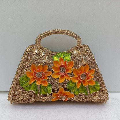 XIYUAN Sunflower Enamel Rhinestone Evening Bag Gold Floral Crystal Handbag for Wedding Banquet Luxury Top Handle Clutch Purses