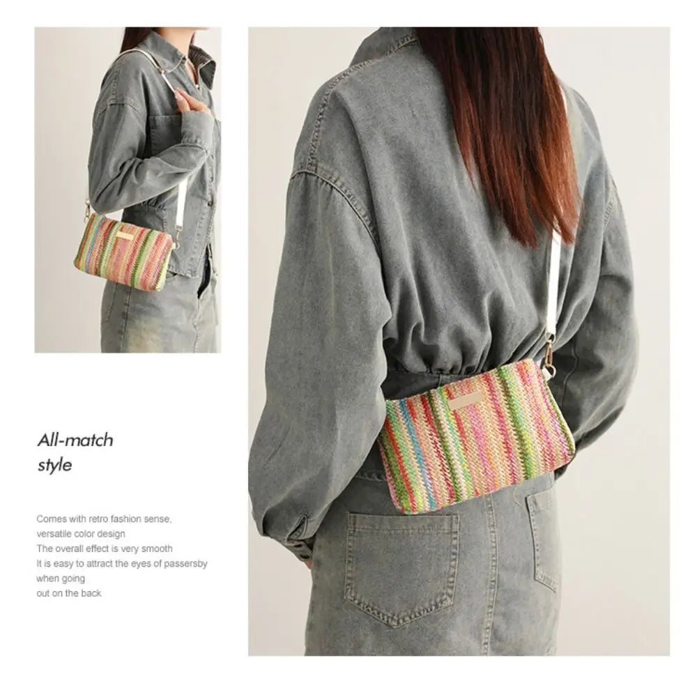 Trendy Colorful Rainbow Woven Bag Adjustable Strap Travel Organizer Girls Shoulder Bag Portable Crossbody Bag Casual Outing