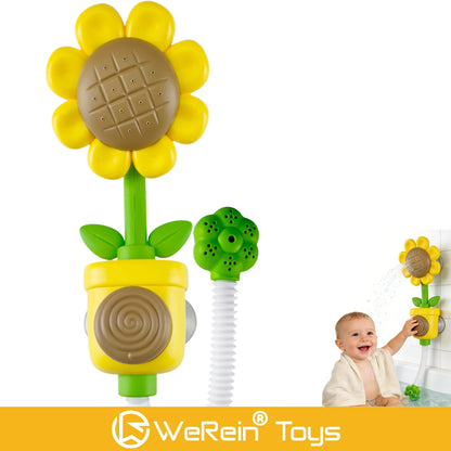 WeRein Sunflower Shaped Manual Press Sprinkler Baby Bath Toy 18M+ Fun Water Pressure Sprayer Primary Colors for Toddlers