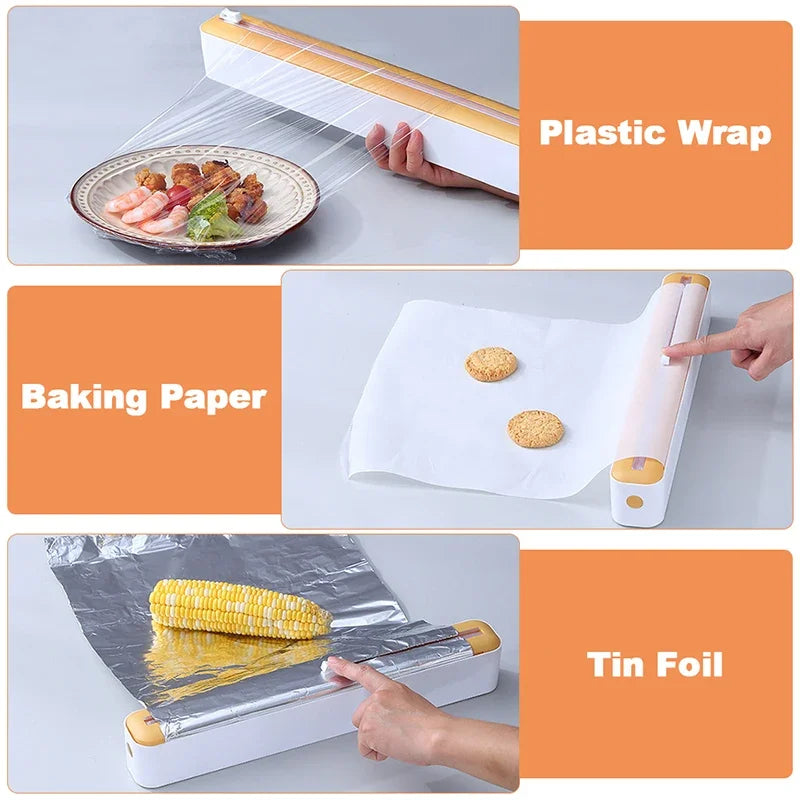 Food Film Dispenser Magnetic Plastic Wrap Dispenser with Cutter Storage Box Aluminum Foil Stretch Film Cutter Storage Holder