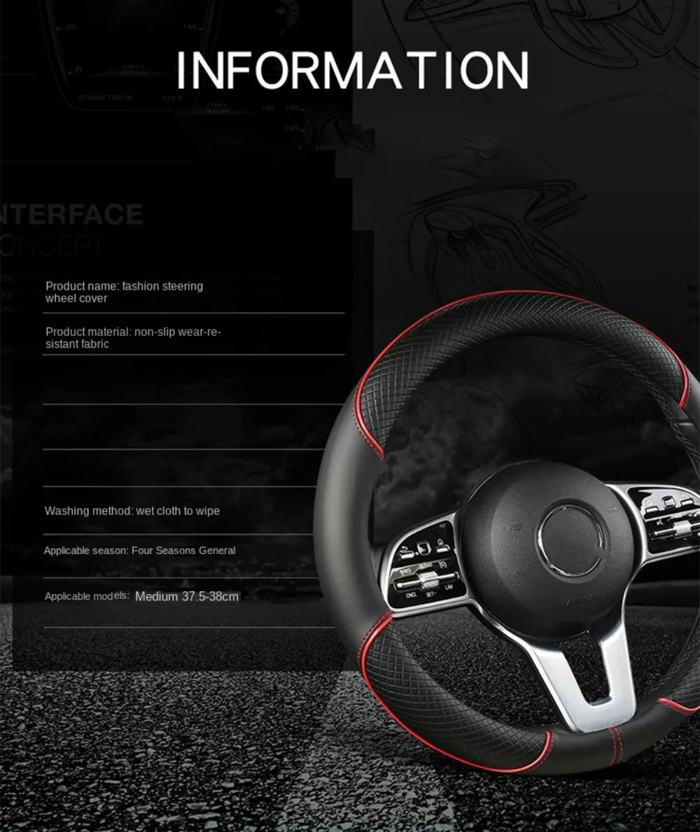 Anti Slip Steering Wheel Cover Leather Breathable Steer Wheel Protector Red Blue Strip Trim Steering Cover for Fits 37.5-38cm