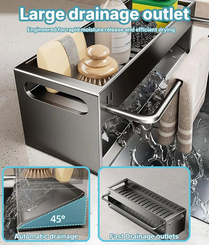 Extra Large Carbon Steel Sink Caddy Kitchen Sponge Holder with Soap Dish Countertop Organizer Rack for Kitchen Sink Accessories