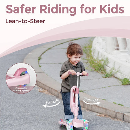 Sejoy Kids Scooter with 3-Wheeled LED Lights,Adjustable Lean-to-Steer Handlebar,Foldable Seat,Sit or Stand Ride,for 3-8 Years