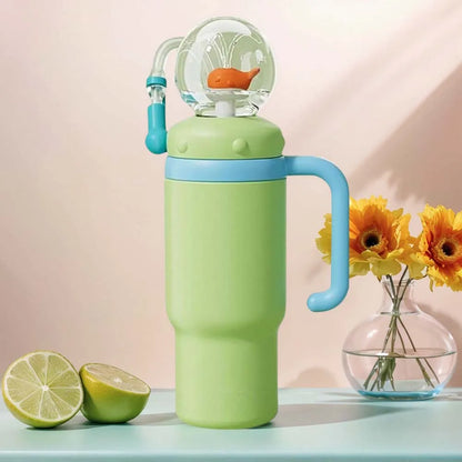 710ML Stainless Steel Whale Fountain Tumbler with Handle Leak Proof Whale Squirt Drinking Cup Water Bottle with Straw Cute Gift