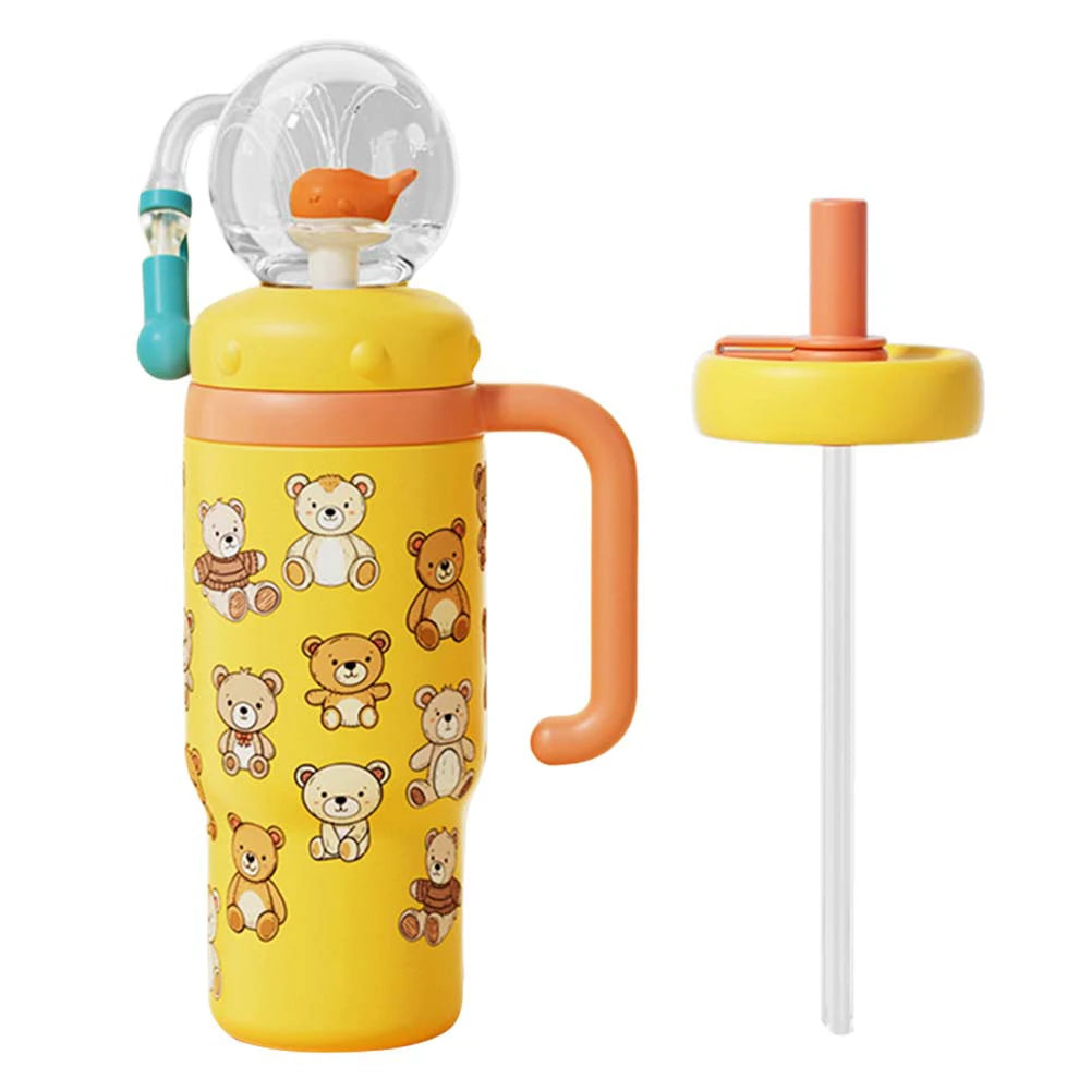 710ML Stainless Steel Whale Fountain Tumbler with Handle Leak Proof Whale Squirt Drinking Cup Water Bottle with Straw Cute Gift