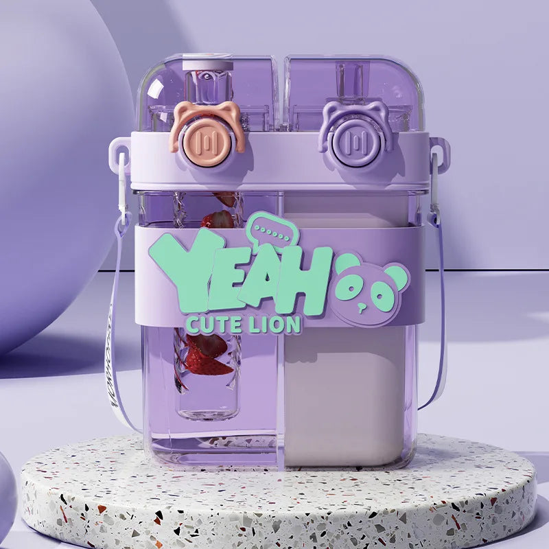 Large Capacity Double Drinking Cup for Children Student Cup with Straw Cartoon High-looking Outdoor Portable Cup