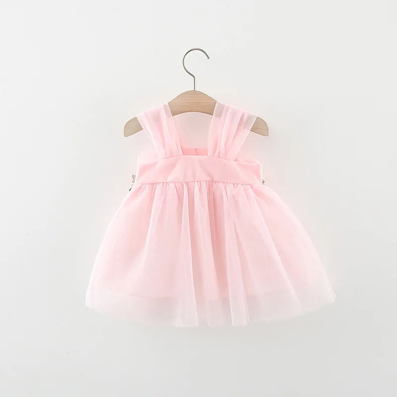 Sweet Flower Fairy Baby Girl Party Dresses Summer Solid Color Mesh Princess Evening Dress Kids Costume 0 to 3 Years Old Children