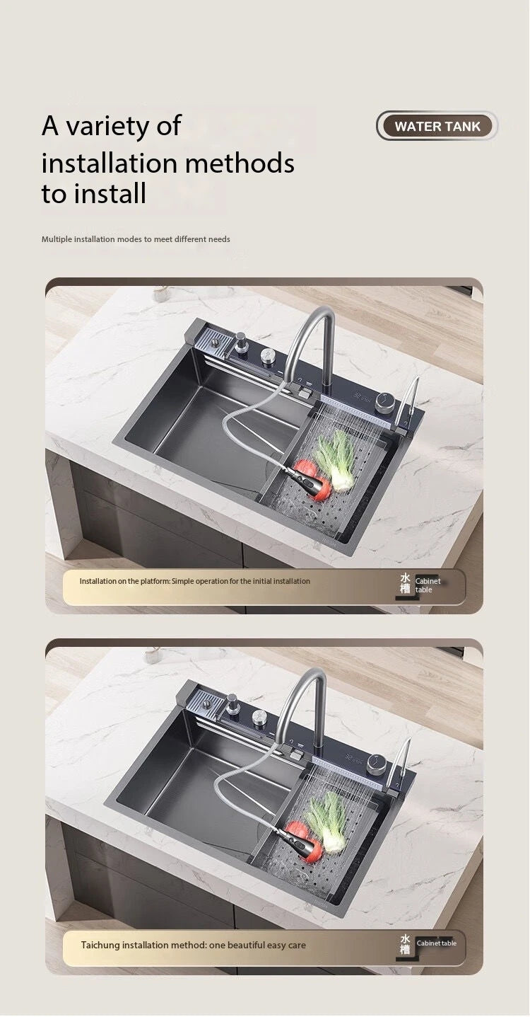 5.0MM Double Waterfall Sink Embossed Stainless Steel Kitchen Sink Large Single Slot Digital Display Wash Basin Dishwashing pond
