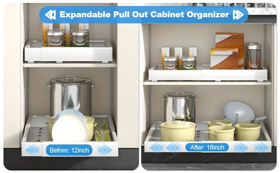 Expandable Pull-Out Drawer / Four-Sided Extendable Adjustment for Expanded Capacity / DIY Installation for Easy Cabinet Storage.
