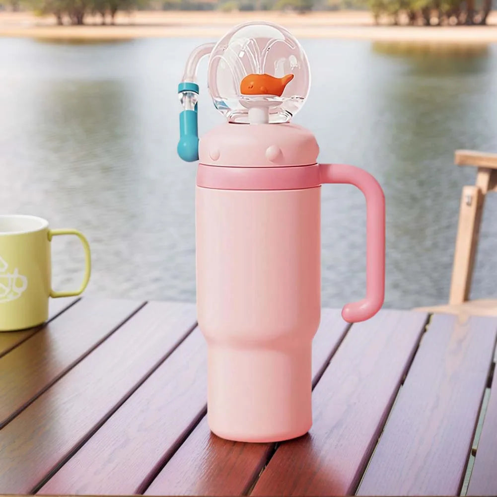 710ML Stainless Steel Whale Fountain Tumbler with Handle Leak Proof Whale Squirt Drinking Cup Water Bottle with Straw Cute Gift