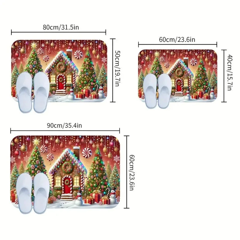 VIKAMA Christmas Doormat, Characteristic Gingerbread House And Tree Design, Made Of Flannel Fabric, Machine Washable-Ideal