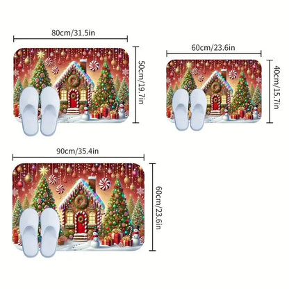 VIKAMA Christmas Doormat, Characteristic Gingerbread House And Tree Design, Made Of Flannel Fabric, Machine Washable-Ideal