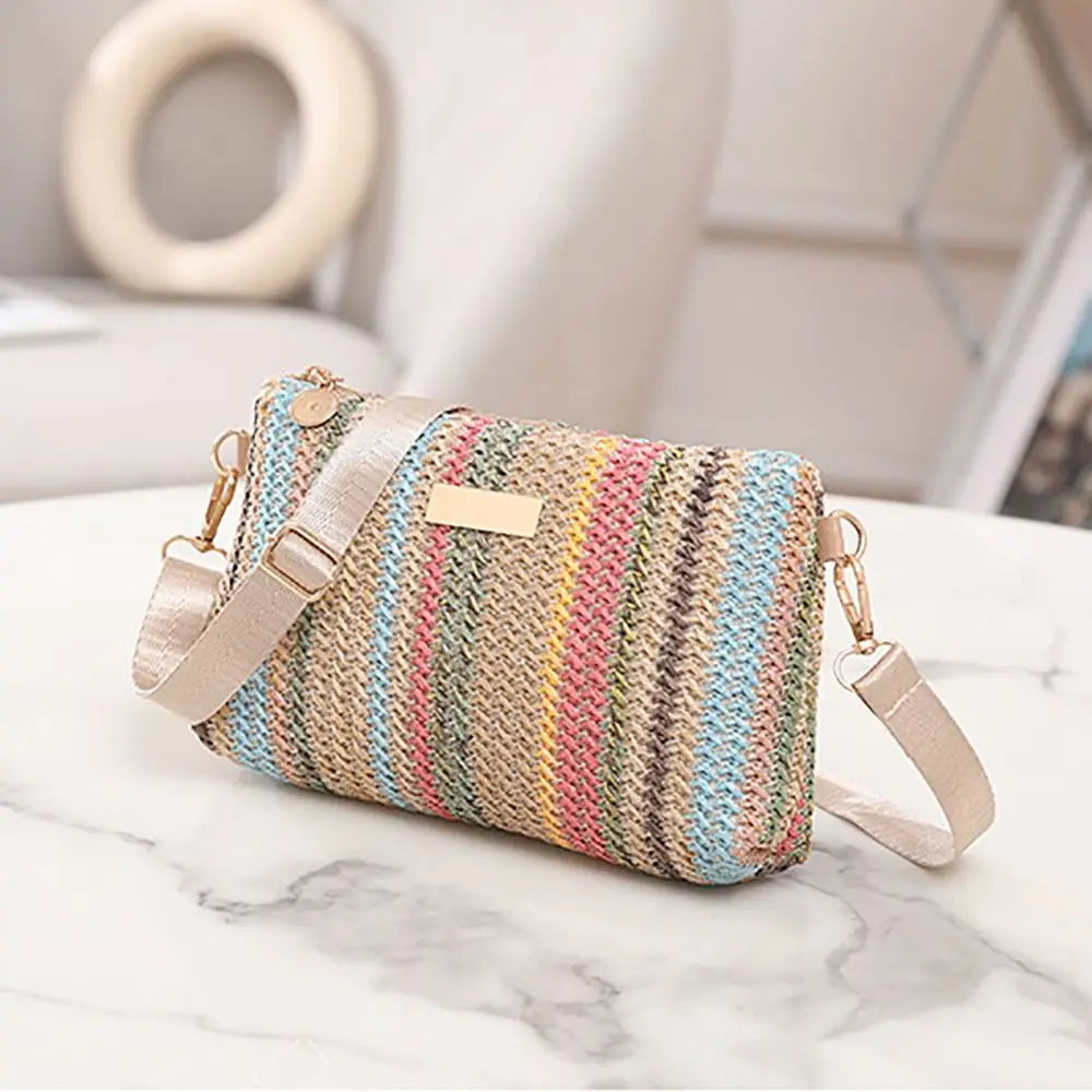 Trendy Colorful Rainbow Woven Bag Adjustable Strap Travel Organizer Girls Shoulder Bag Portable Crossbody Bag Casual Outing