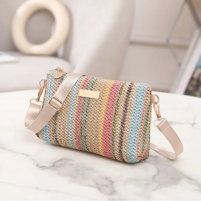 Trendy Colorful Rainbow Woven Bag Adjustable Strap Travel Organizer Girls Shoulder Bag Portable Crossbody Bag Casual Outing